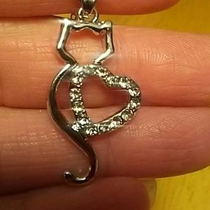 Elegant Silver Cat Heart Pendant Necklace